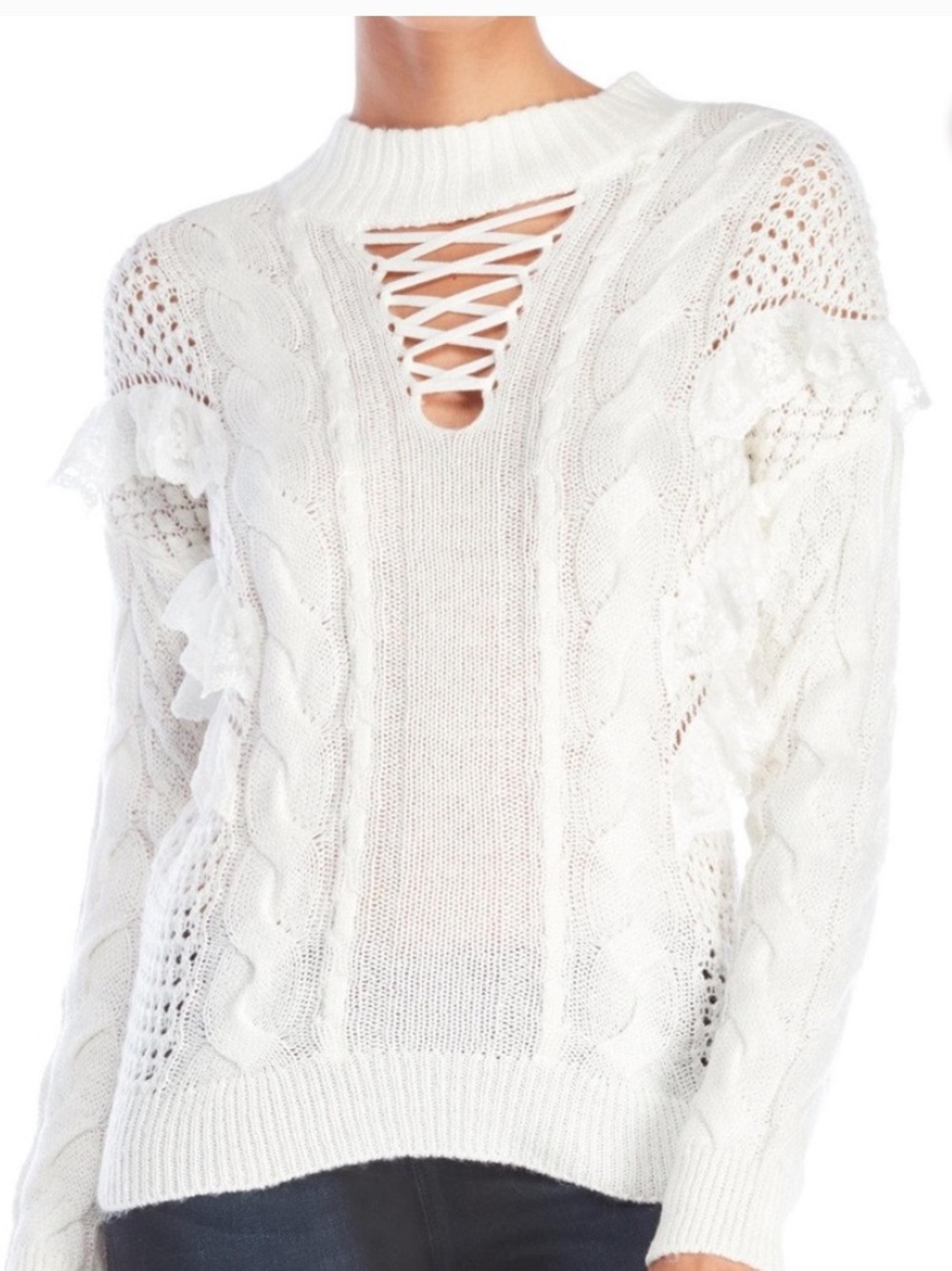 Torn by Ronny Kobo Paige Lace-Up Ruffled Sweater Cream XS